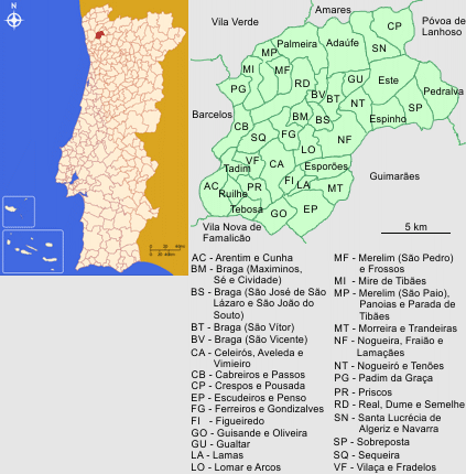 Mapa da localização e freguesias do Concelho de Braga