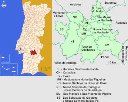 Mapa da localização e freguesias do Concelho de Évora
