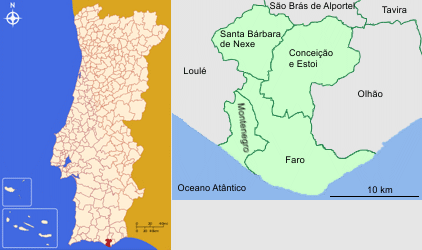Mapa da localização e freguesias do Concelho de Faro