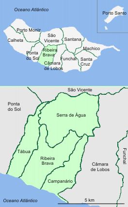 Mapa da localização e freguesias do Concelho de Ribeira Brava